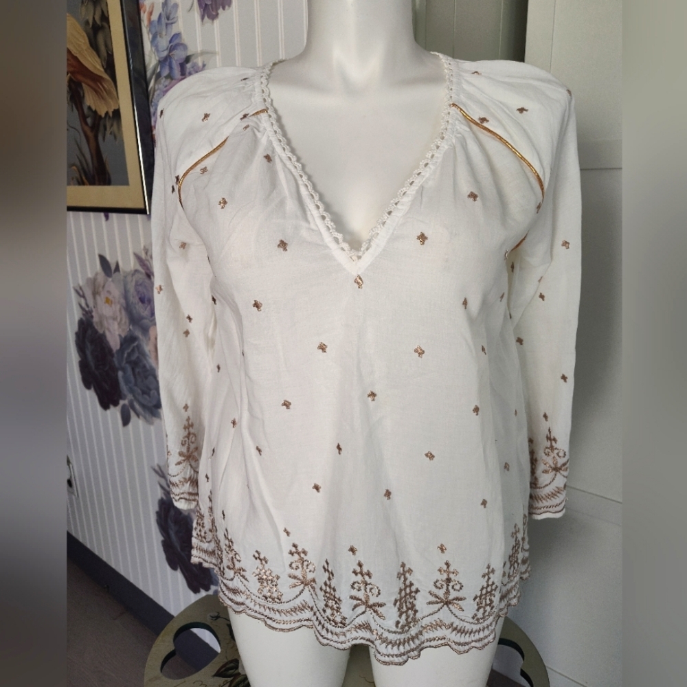 Anthropologie Lula Soul Boho Hippie Blouse Gold Embroidered Excellent Condition